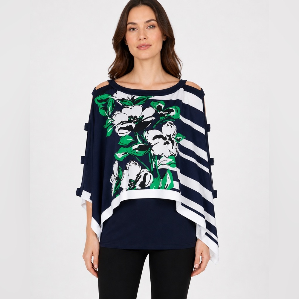 Joseph Ribkoff Navy, White & Green layered Floral Top